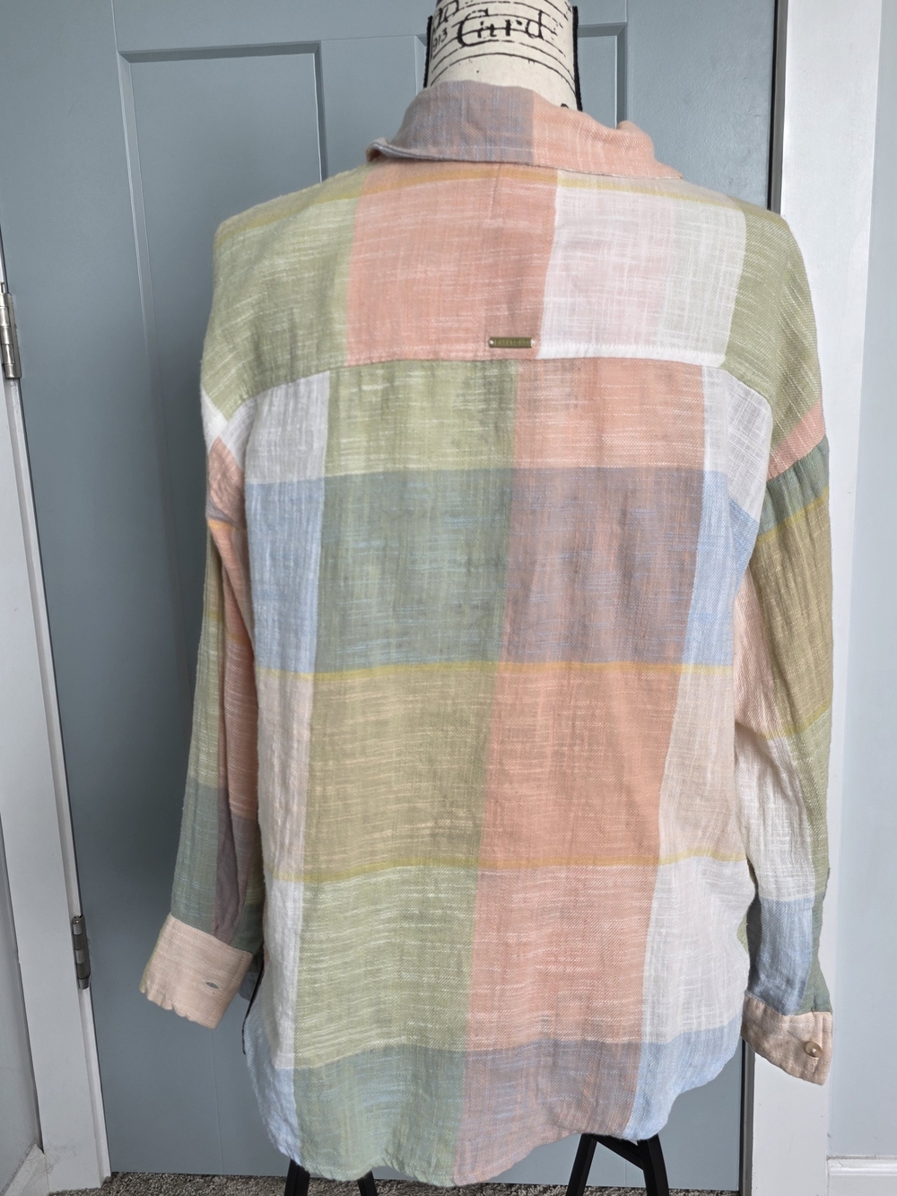 Billabong Pastel Patchwork Plaid Button Down Shirt Medium M Coastal Boho EUC - Picture 2 of 5